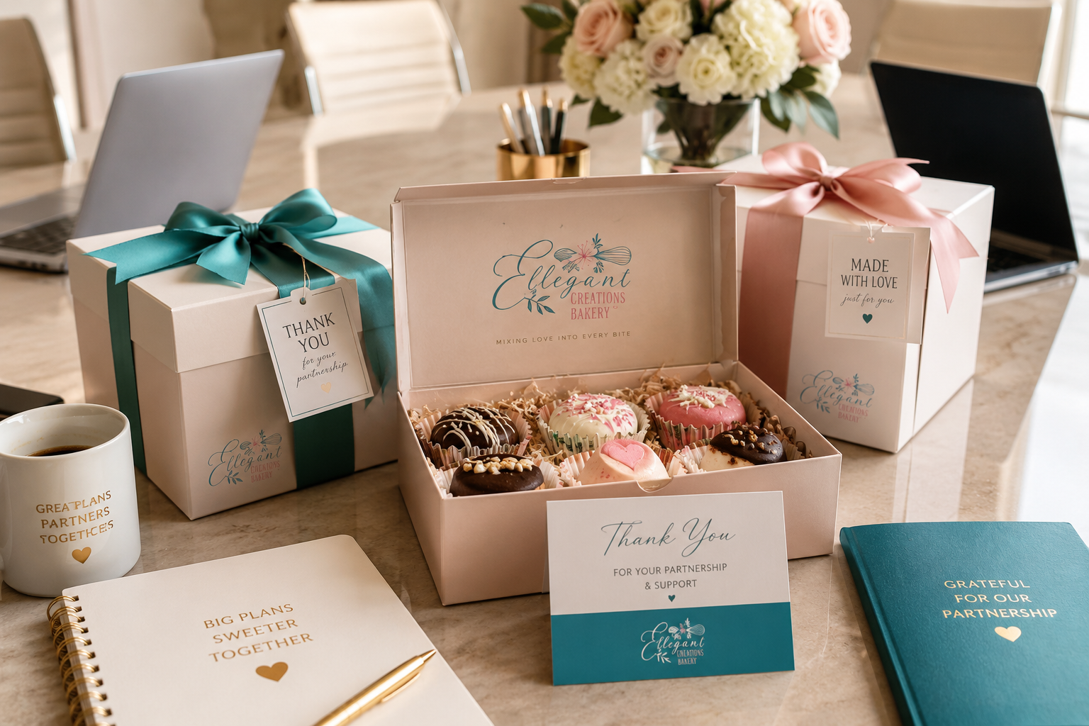 Luxury corporate dessert gift boxes from Ellegant Creations Bakery featuring handcrafted artisan treats for employee appreciation, client gifting, and business events in Virginia.