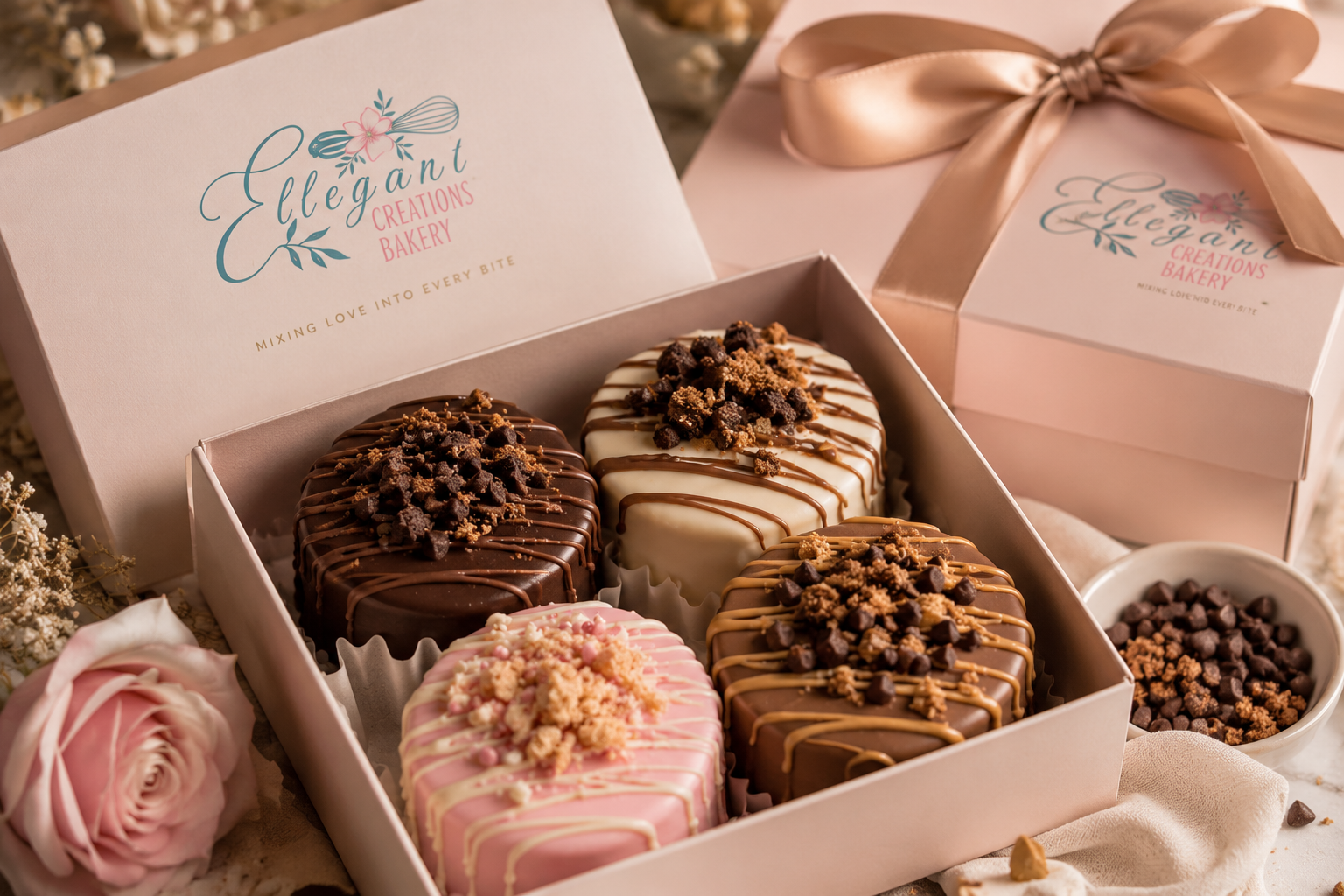 Premium handcrafted Cuddle Cakes from Ellegant Creations Bakery in Virginia with chocolate drizzle, artisan toppings, and elegant dessert gift packaging.
